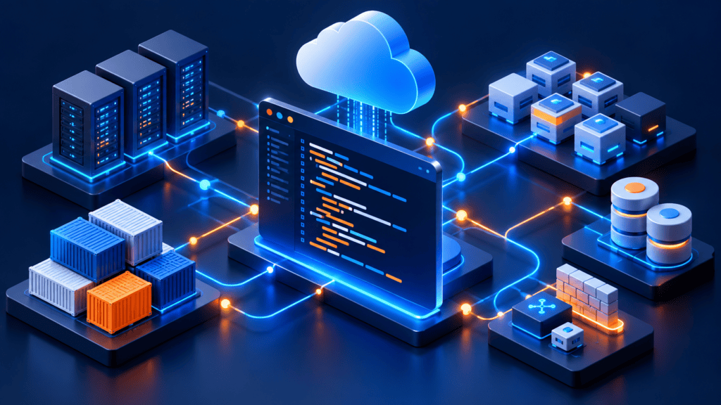 Conceptual illustration of code-defined cloud servers, storage and network infrastructure