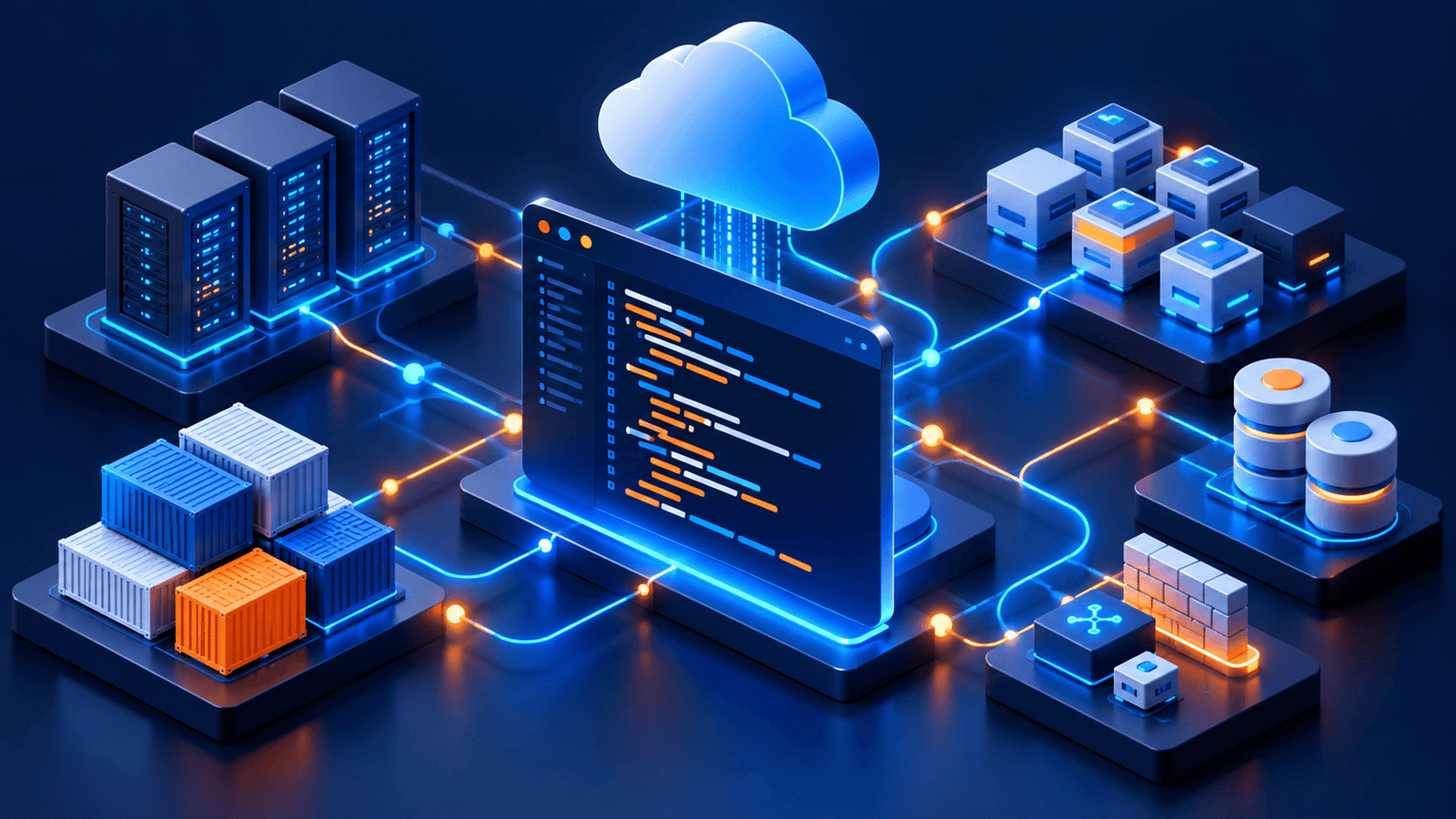 Conceptual illustration of code-defined cloud servers, storage and network infrastructure