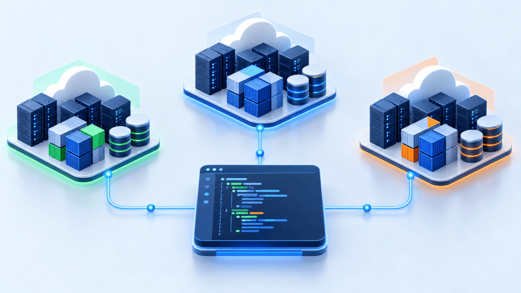 Three matching cloud environments connected to a shared code configuration panel